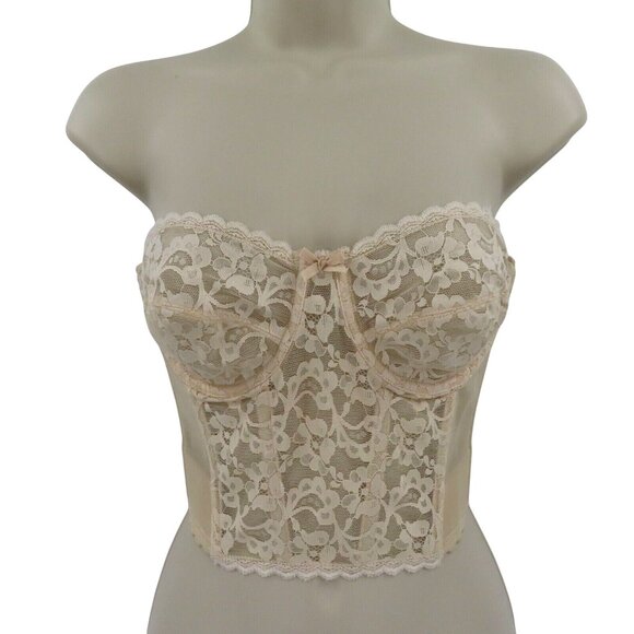 Subtract 36A Beige Floral Flower Lace Underwire Longline Strapless Corset Bra - Picture 1 of 12